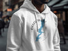 White hoodie with blue Oologah Lake map graphic and compass design.