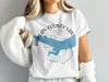 White t-shirt with blue Harlan County Lake map and compass graphic.