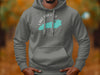 Grey hoodie with "Lake America" text and a teal map graphic.
