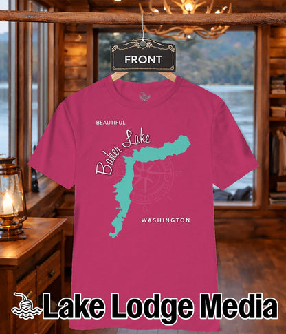 Pink t-shirt with "Baker Lake" and Washington map graphic, "Lake Lodge Media" logo.