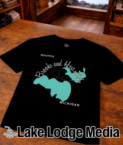 Black t-shirt with a turquoise outline of Michigan and text "Brooks and Hess Lake".