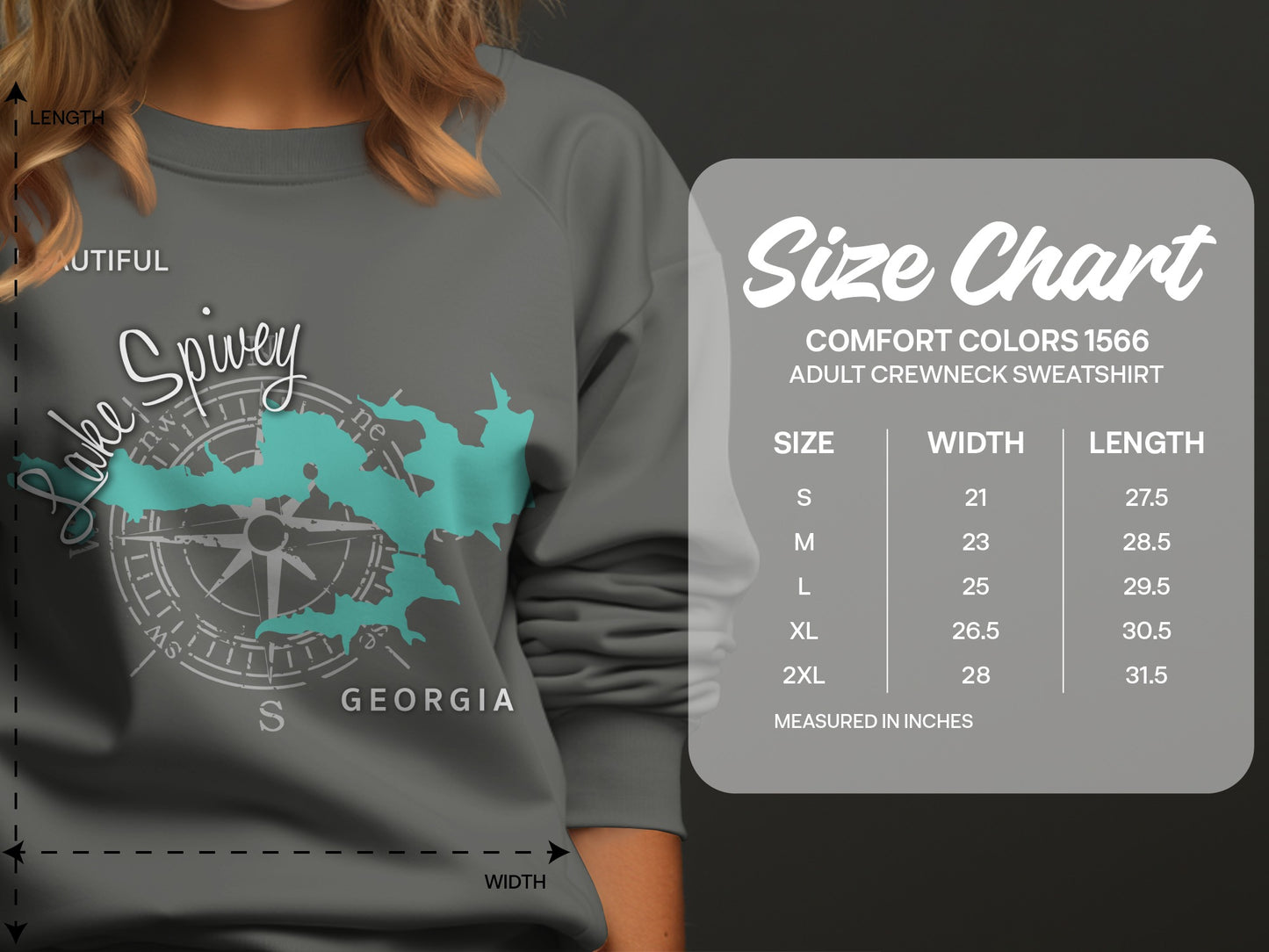 Lake Spivey Georgia compass graphic on grey sweatshirt with size chart.