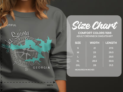 Lake Spivey Georgia compass graphic on grey sweatshirt with size chart.