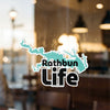 Rathbun Life decal with a teal map outline on a glass surface.