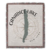 Canadice Lake, New York woven throw blanket with compass and lake outline.