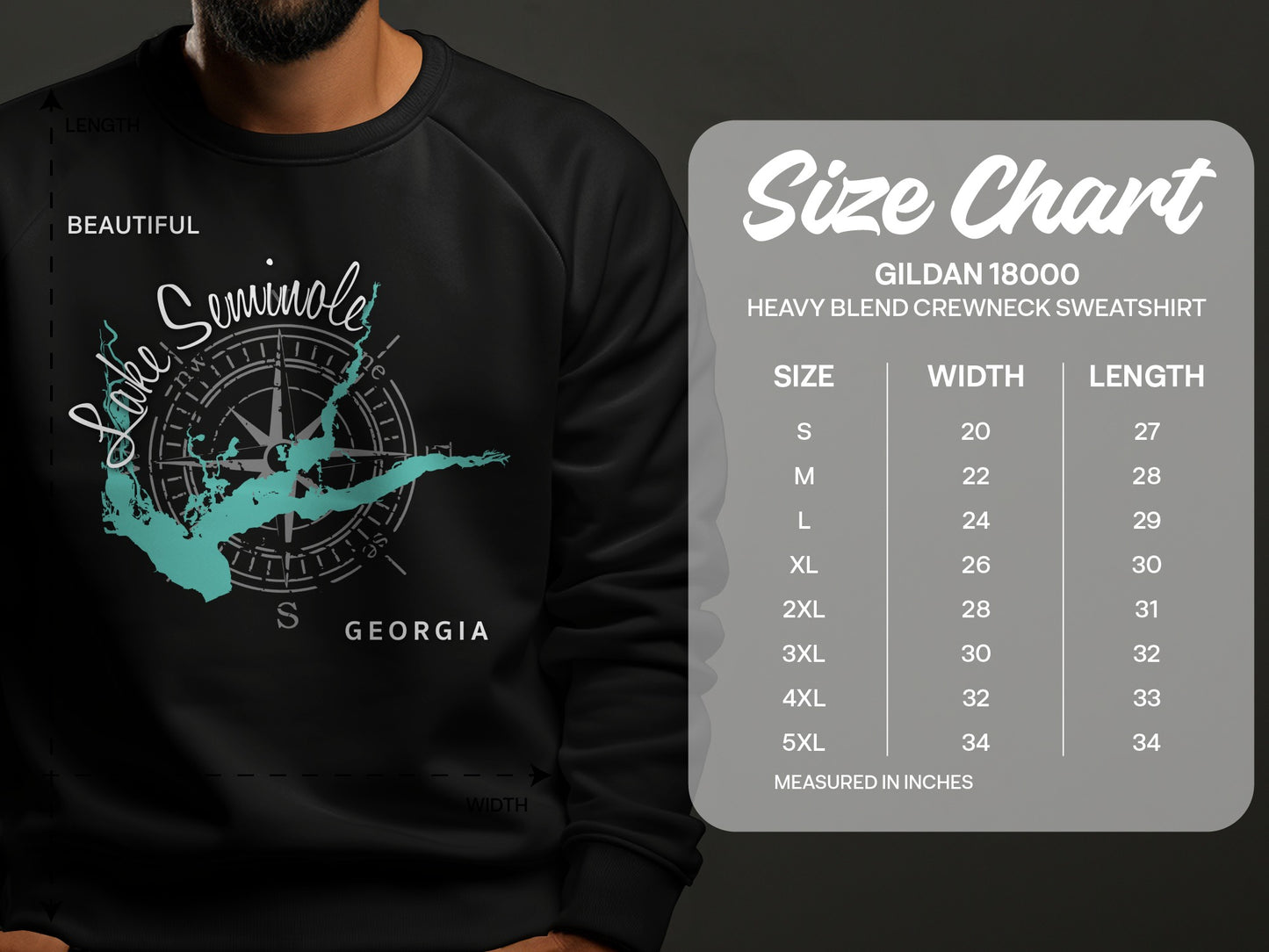 Lake Seminole Georgia map on Gildan 18000 sweatshirt size chart.