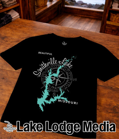 Black t-shirt with Smithville Lake, Missouri map and compass design.