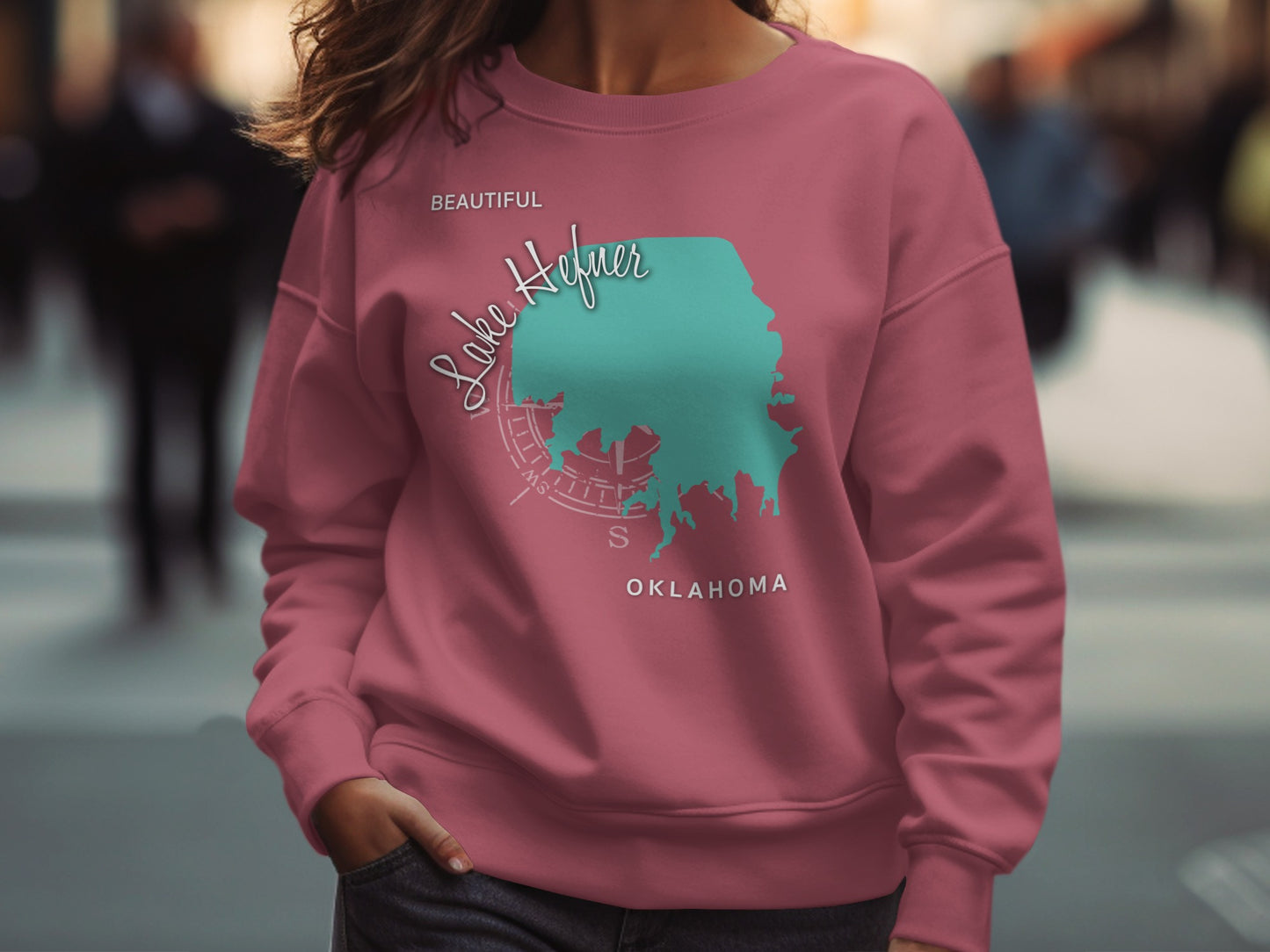 Rose pink sweatshirt with "Beautiful Lake Hefner Oklahoma" map graphic.