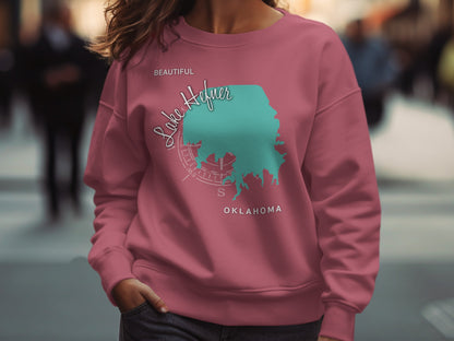 Rose pink sweatshirt with "Beautiful Lake Hefner Oklahoma" map graphic.