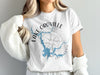 White t-shirt with Lake Oroville California map graphic and compass design.