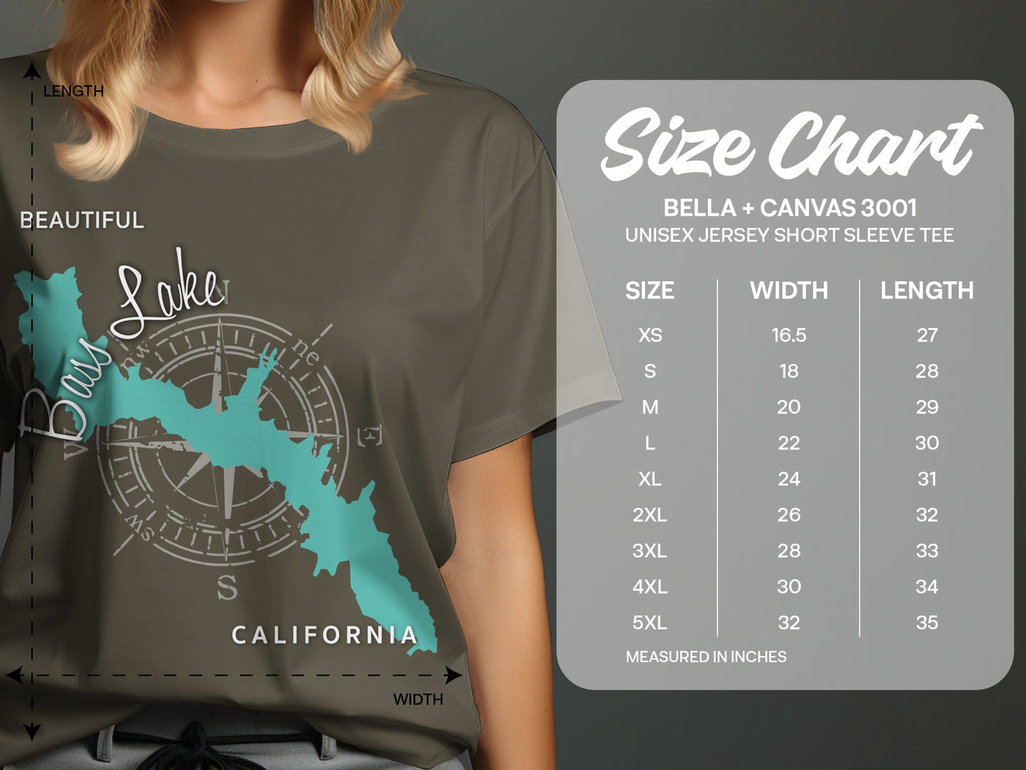 Size chart for Bella + Canvas 3001 unisex t-shirts with measurements.