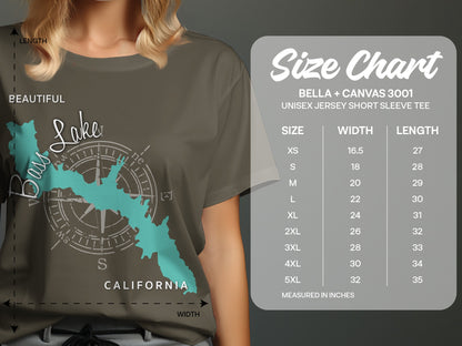 Size chart for Bella + Canvas 3001 unisex t-shirts with measurements.