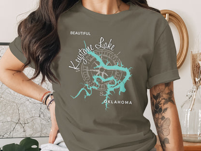 Grey t-shirt with a compass rose and "Keystone Lake Oklahoma" map design.