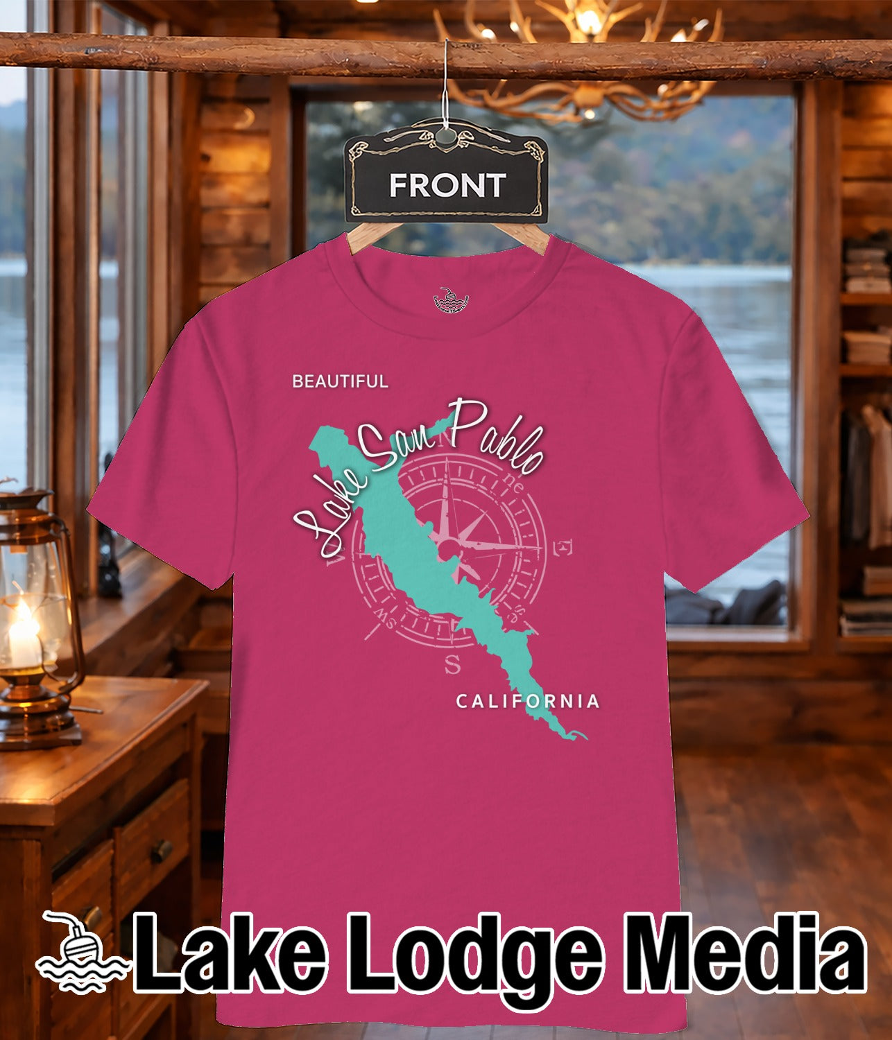 Pink t-shirt with "Lake San Pablo California" text and compass rose graphic.
