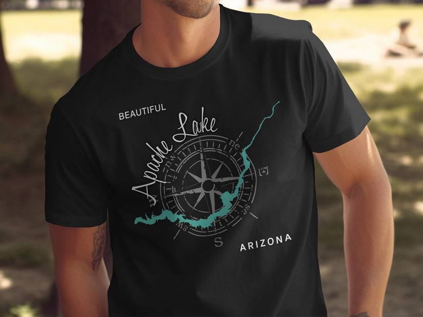 Black t-shirt with compass graphic and "Apache Lake Beautiful Arizona" text.