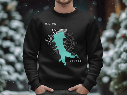 Black sweatshirt with "Beautiful Lake Quivira Kansas" and a compass rose graphic.