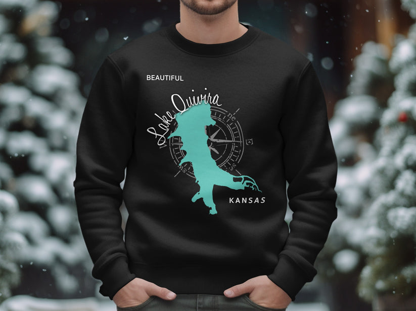 Black sweatshirt with "Beautiful Lake Quivira Kansas" and a compass rose graphic.