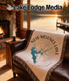 Throw blanket with New Melones Lake California map and compass design.