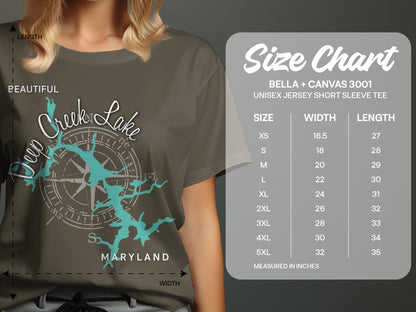 T-shirt with Deep Creek Lake map graphic and size chart.