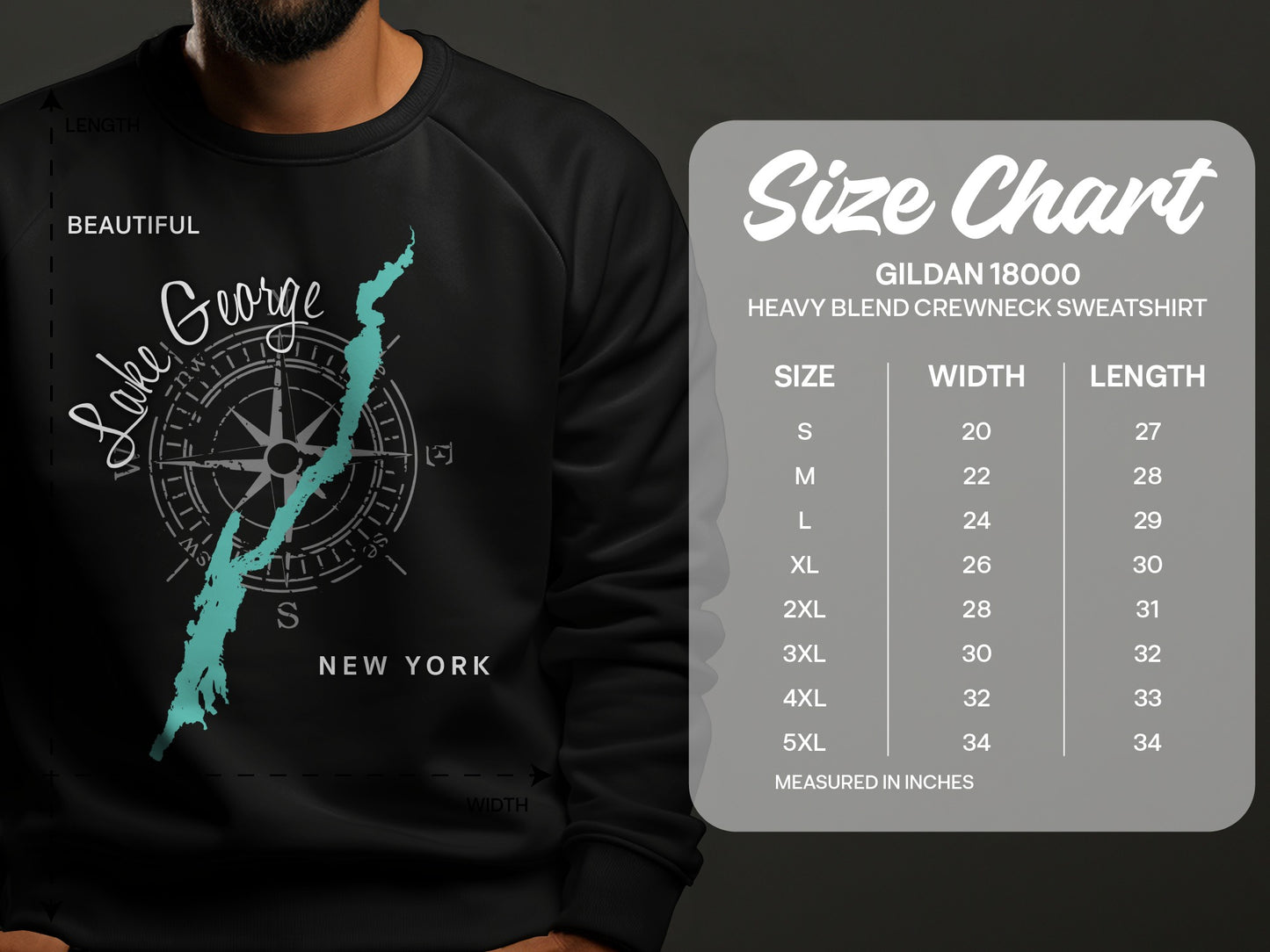Sweatshirt featuring "Lake George New York" map and size chart.