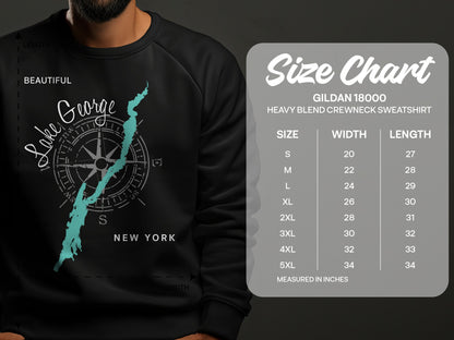 Sweatshirt featuring "Lake George New York" map and size chart.