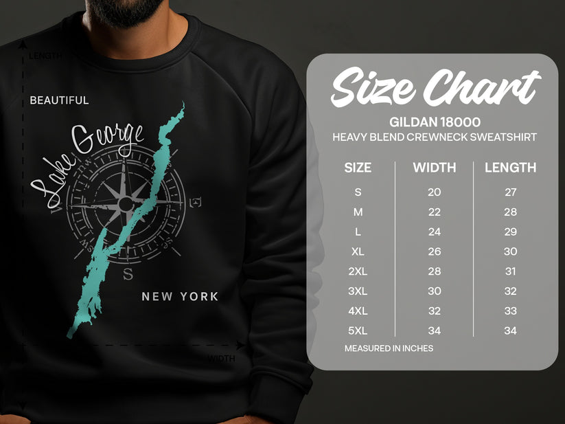 Sweatshirt featuring "Lake George New York" map and size chart.
