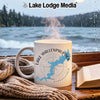 White mug with Lake Wallenpaupack map and compass on a rainy day.