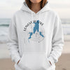 White hoodie with Longview Lake Missouri and compass graphic.
