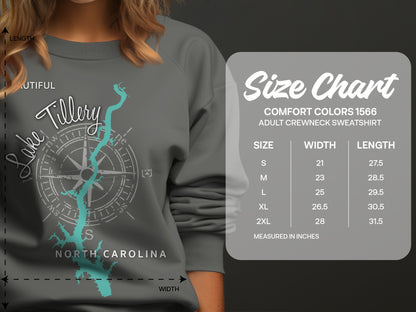 Lake Tillery North Carolina compass graphic on gray sweatshirt, size chart.
