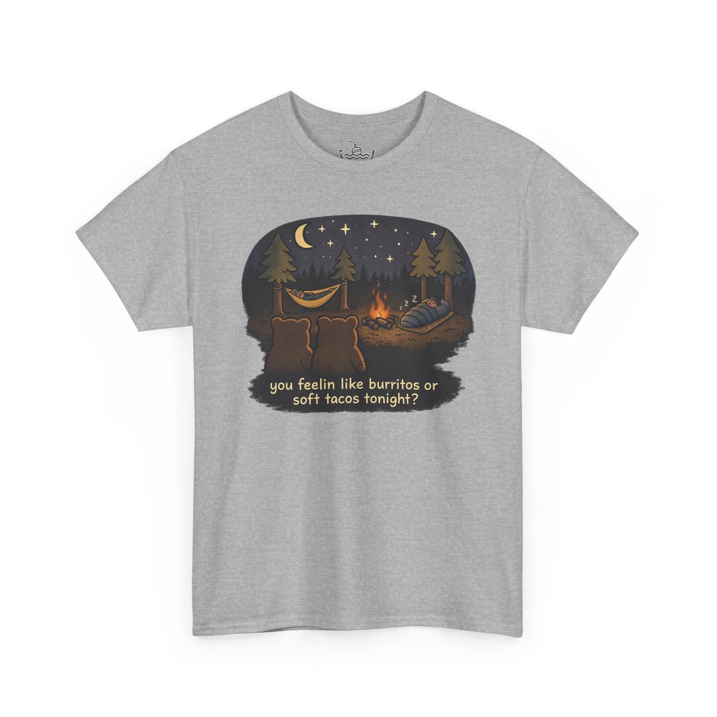 Campfire Bears Humor T-Shirt, People in Sleeping Bags are Bear Burritos and Tacos Joke, Camping Hiking Smores Bonfire Apparel
