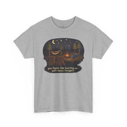 Campfire Bears Humor T-Shirt, People in Sleeping Bags are Bear Burritos and Tacos Joke, Camping Hiking Smores Bonfire Apparel