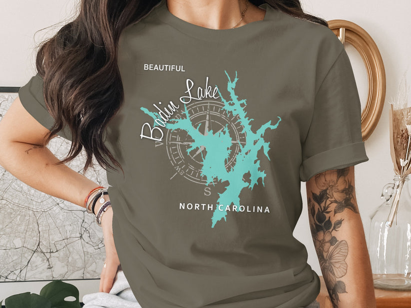 T-shirt with Badin Lake North Carolina compass design.