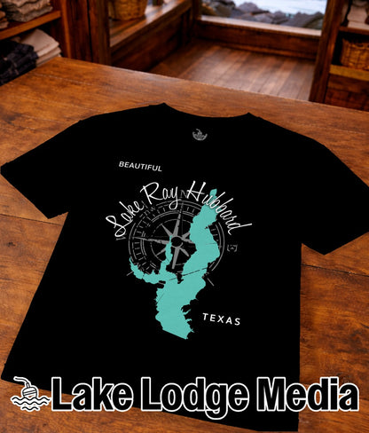 Black t-shirt with "Beautiful Lake Ray Hubbard Texas" and a compass graphic.