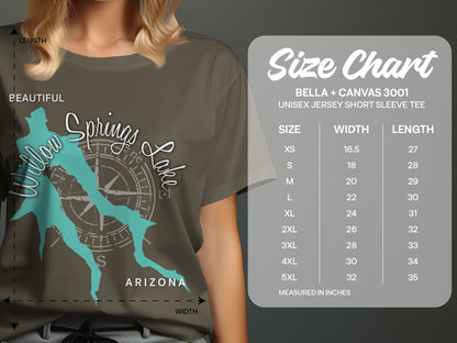 Bella + Canvas 3001 size chart for unisex t-shirts with Willow Springs Lake graphic.