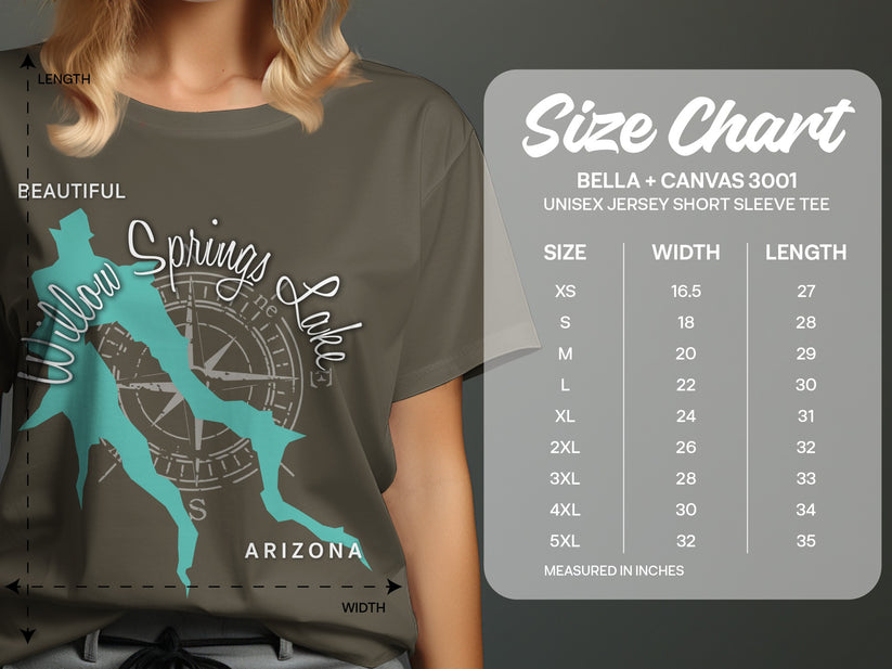 Bella + Canvas 3001 size chart for unisex t-shirts with Willow Springs Lake graphic.