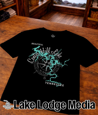 Black t-shirt with compass and Tennessee map design: "Center Hill Lake".