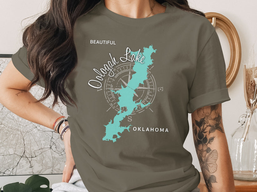 Oologah Lake, Oklahoma compass graphic on a gray t-shirt.