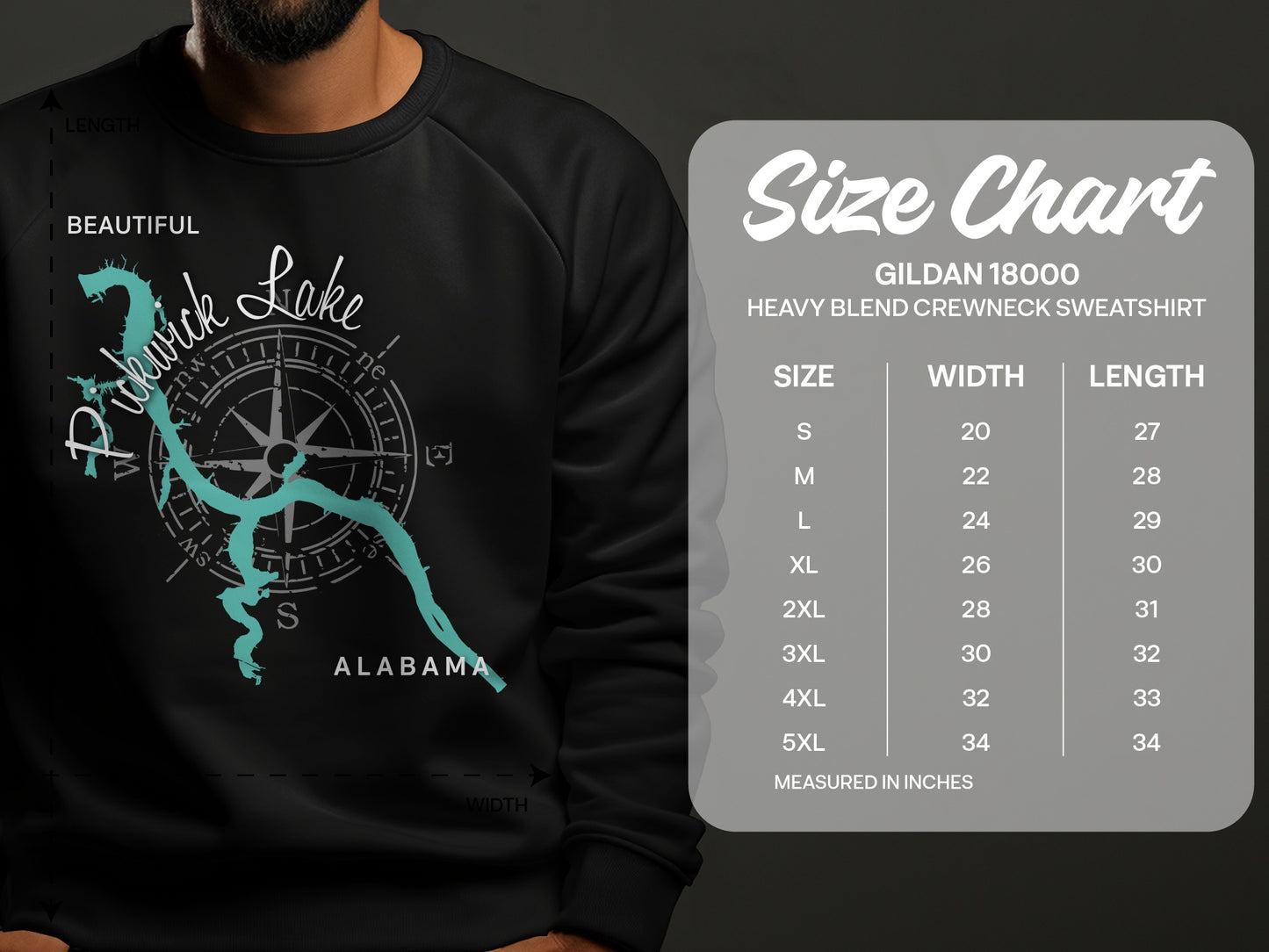 Size chart for Gildan 18000 sweatshirt with Pickwick Lake map.