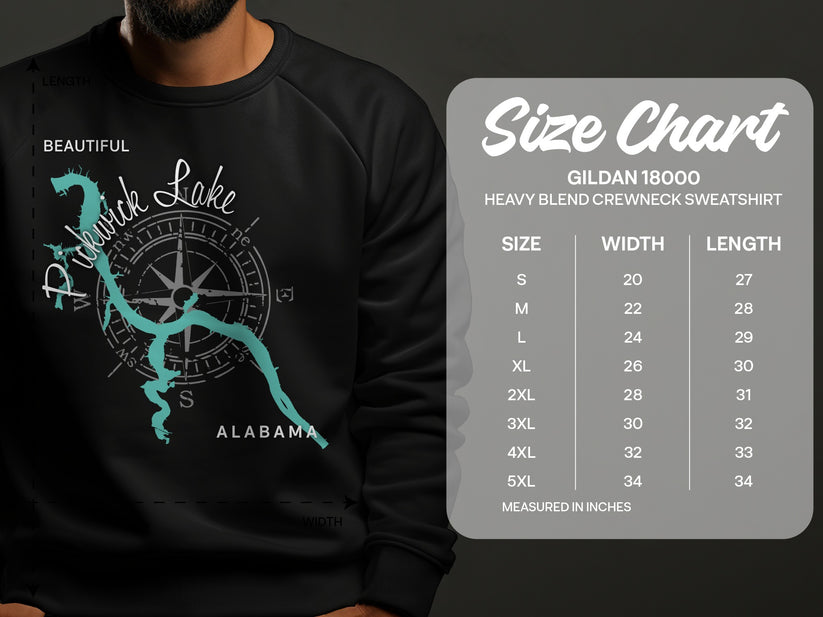 Size chart for Gildan 18000 sweatshirt with Pickwick Lake map.