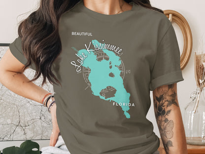 T-shirt featuring a turquoise map of Lake Kissimmee, Florida.