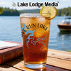 Glass of iced tea with a lemon slice, featuring a lake map and "LIVE RUN LAKE" text.