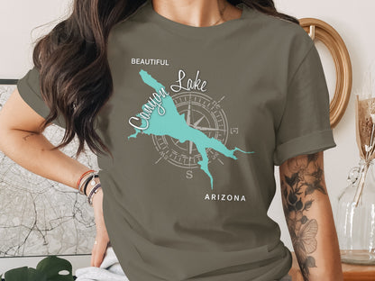T-shirt with a turquoise map of Canyon Lake, Arizona, and compass rose.