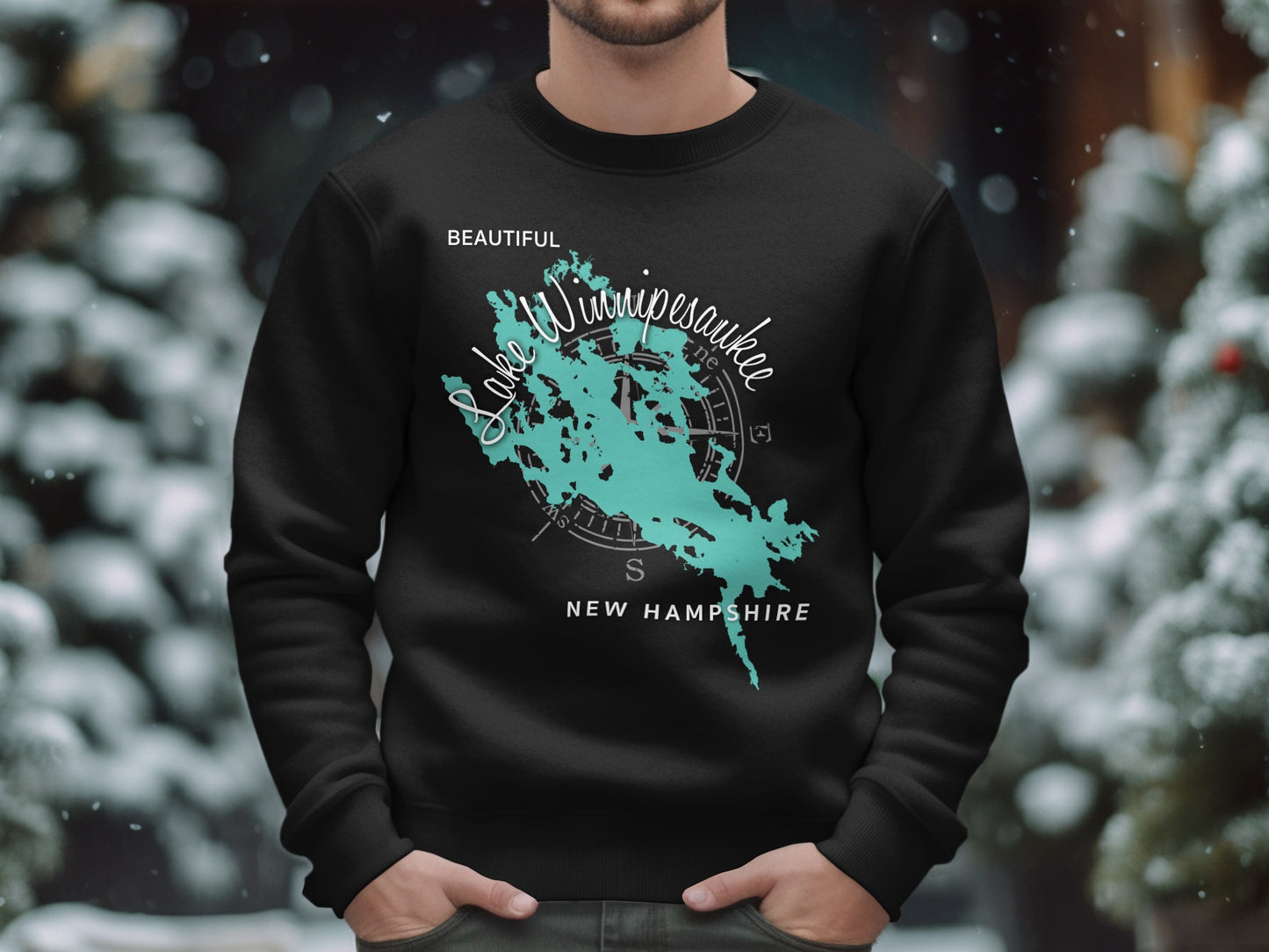 Black sweatshirt with Lake Winnipesaukee, New Hampshire map graphic and compass rose.