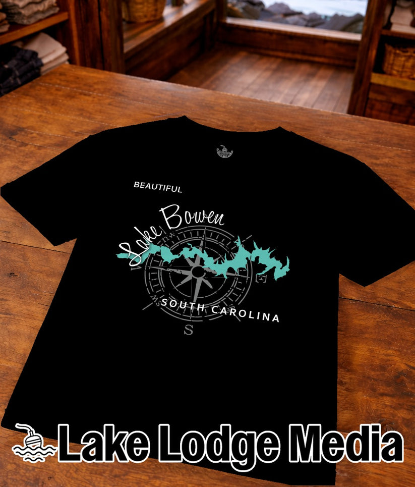 Black t-shirt with "Beautiful Lake Bowen South Carolina" and compass graphic.