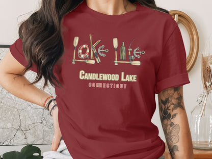 Burgundy t-shirt with "CANDLEWOOD LAKE CONNECTICUT" and nautical graphics.