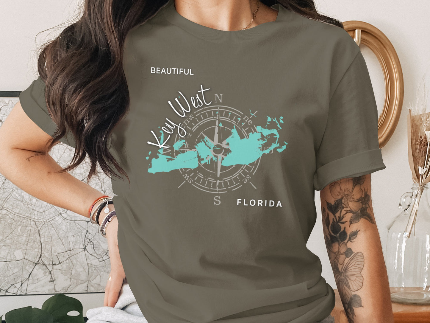 Gray t-shirt with "Key West" text and compass rose map graphic.