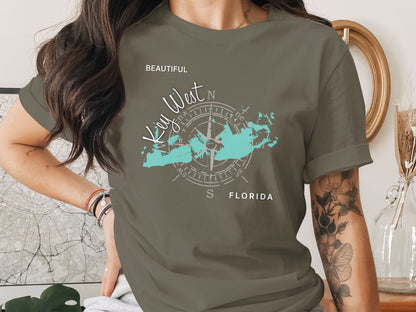 Gray t-shirt with "Key West" text and compass rose map graphic.