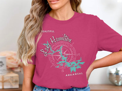 Pink t-shirt with "Beautiful Lake Hamilton Arkansas" and compass graphic.