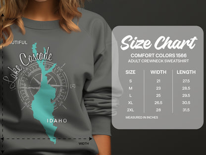 Sweatshirt size chart for Lake Cascade Idaho graphic.