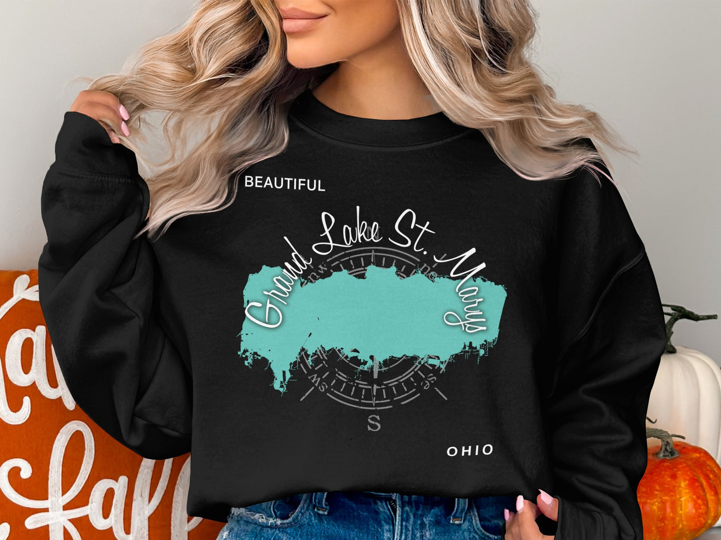 Black sweatshirt with a compass design and "Grand Lake St. Marys Ohio" text.